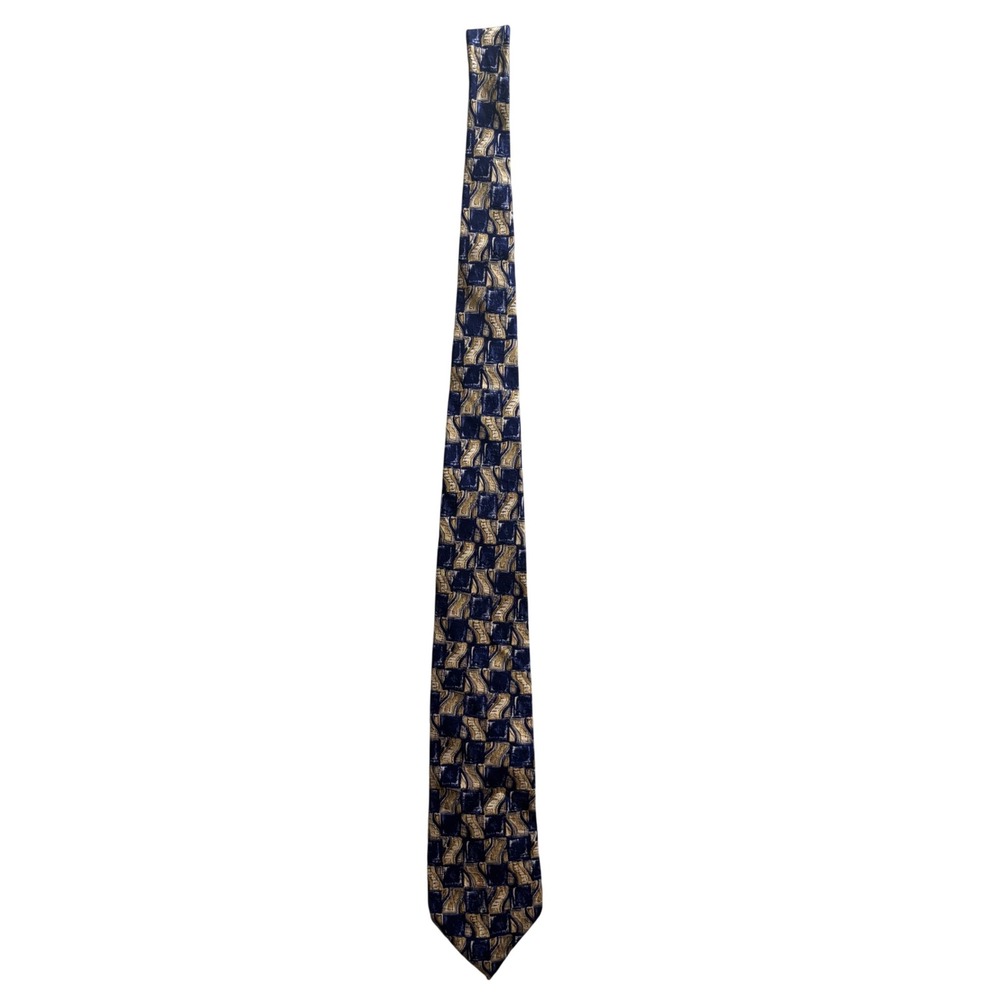 Robert‎ Talbott Studio Silk Tie Navy Gold Geometric Abstract Hand Sewn USA VTG